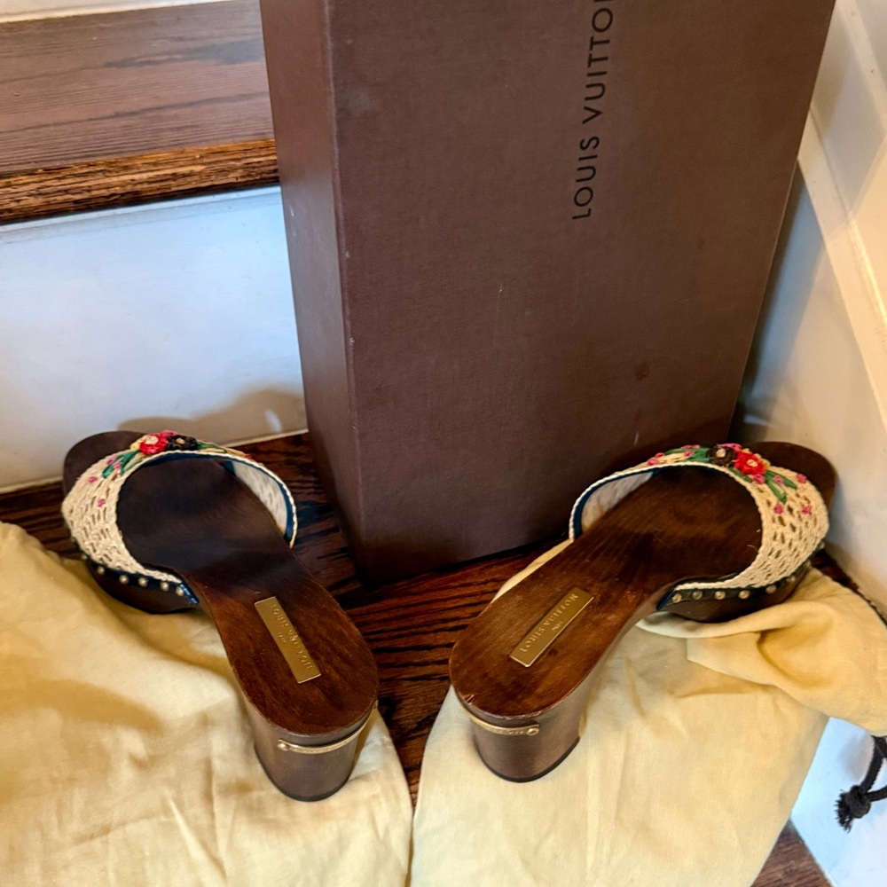 Louis Vuitton wooden clogs w/box & dust bags